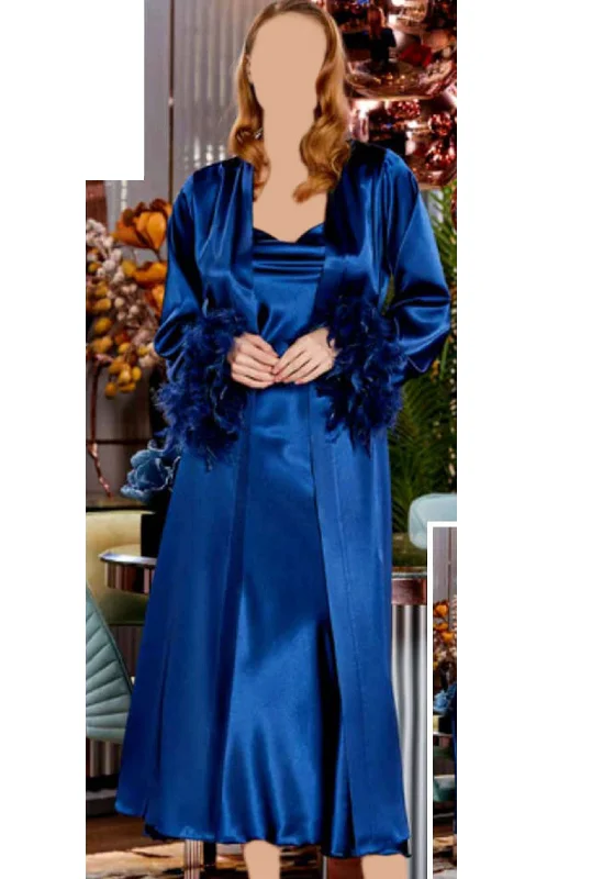 women's pajamas with a snug fitLNGR 2 Piece Long Satin Furr Robe Set