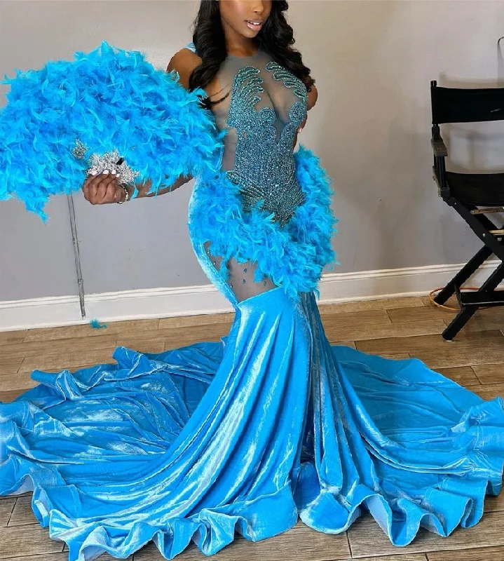 Women's Keyhole-Neck DressesLegend Blue Velvet Feathers Mermaid Golden Crystal Beading Prom Dresses Luxury Designer Party Black Girls Bespoke robe de bal