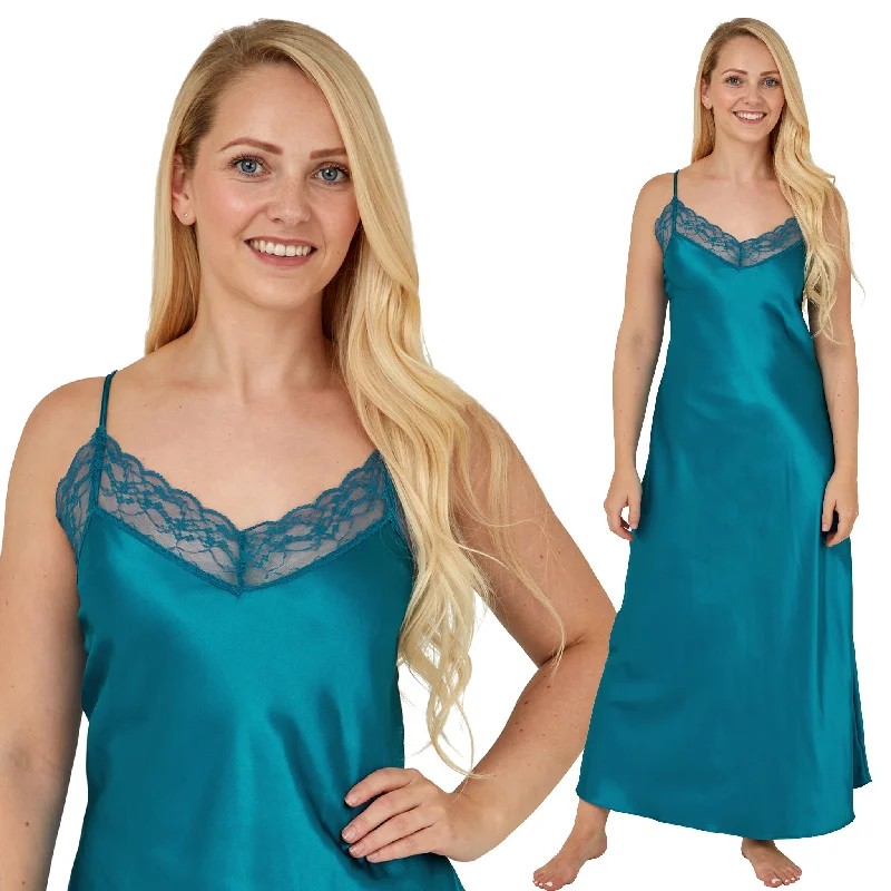 women's pajamas for those who want to feel pampered and lovedLong Full Length Teal Blue Sexy Satin Lace Nightdress Chemise Negligee PLUS SIZE