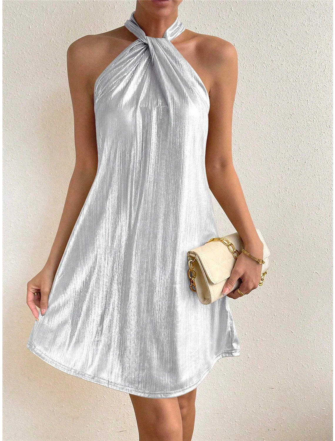 Women's Low Collar DressesWomen's Party Dress Wedding Guest Dress Sexy Dress Mini Dress Silver Gold Sleeveless Pure Color Sparkle Spring Fall Winter Halter Neck Fashion Wedding Guest Birthday Vacation Loose Fit