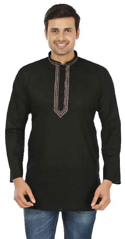 Women's Outdoor ShortsEmbroidered Cotton Men's Short Kurta Shirt India Clothes (Black)