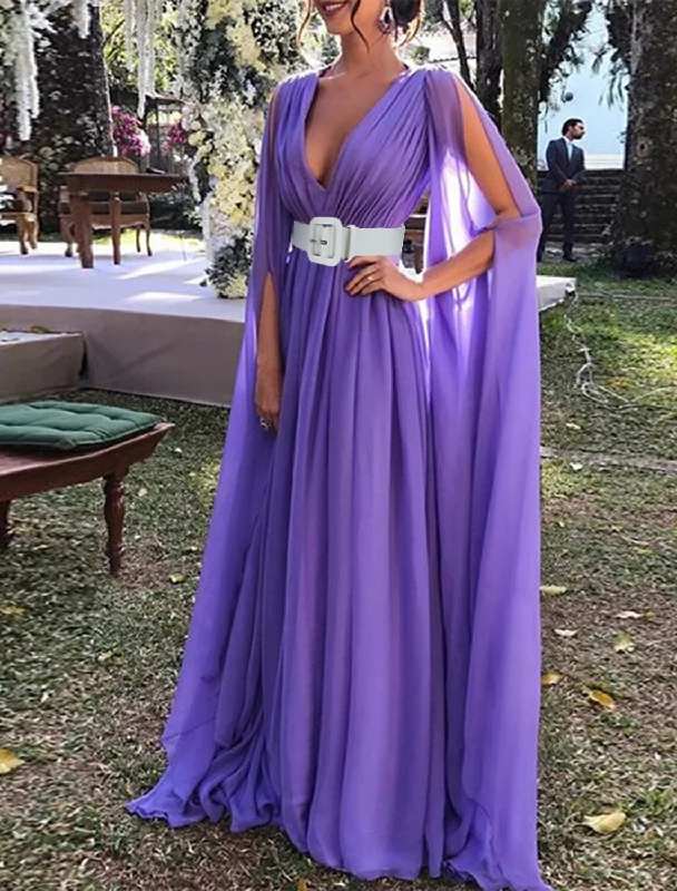 Women's V-Shaped Collar DressesA-Line Wedding Guest Dresses Maxi Dress Wedding Party Dress Black Tie Floor Length Long Sleeve V Neck Fall Wedding Guest Chiffon with Belt