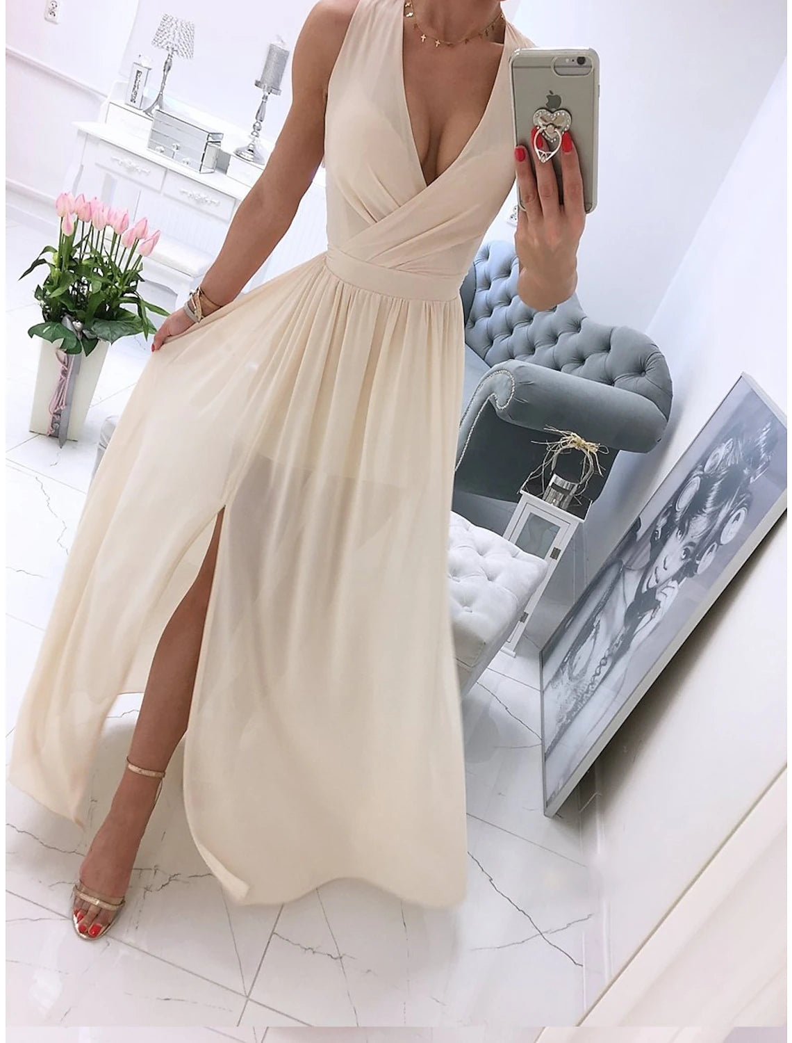 Women's Shift DressesWomen's Party Dress Holiday Dress Swing Dress Long Dress Maxi Dress Leather Pink White Light Green Sleeveless Pure Color Split Spring Summer V Neck Vacation Party Wedding Guest Date