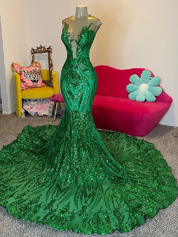 Women's Notched Collar DressesLong Mermaid Green Lace Prom Dresses for Black Girls Robes Invitee Mariage Party Formal Occasion Dresses