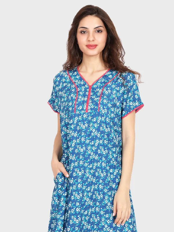 women's pajamas with cozy footiesEvolove Women's Rayon Printed Maxi Nighty Sleepwear Super Comfortable (Blue)