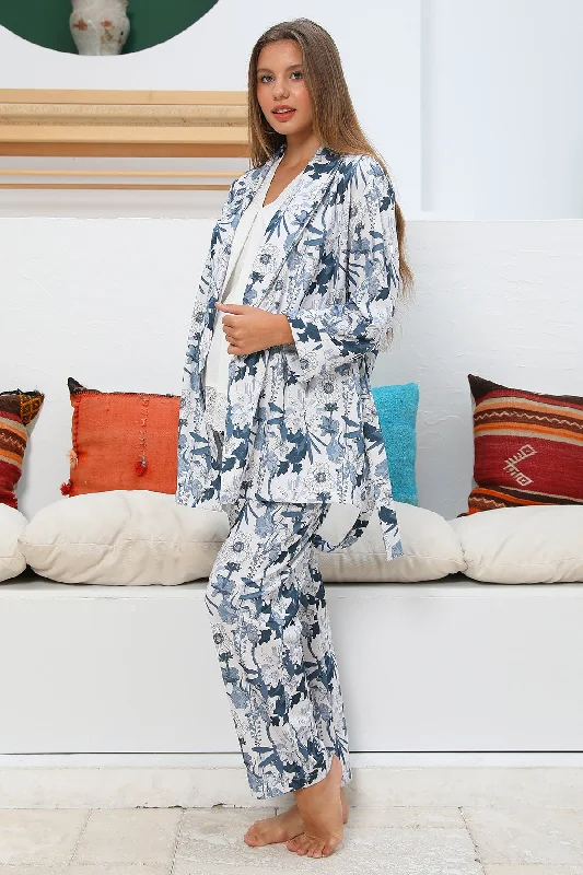 women's pajamas for those who want to feel pampered and lovedShopymommy 55715 Bloom Lace Edge 3-Pieces Maternity & Nursing Pajamas With Flowery Robe Ecru