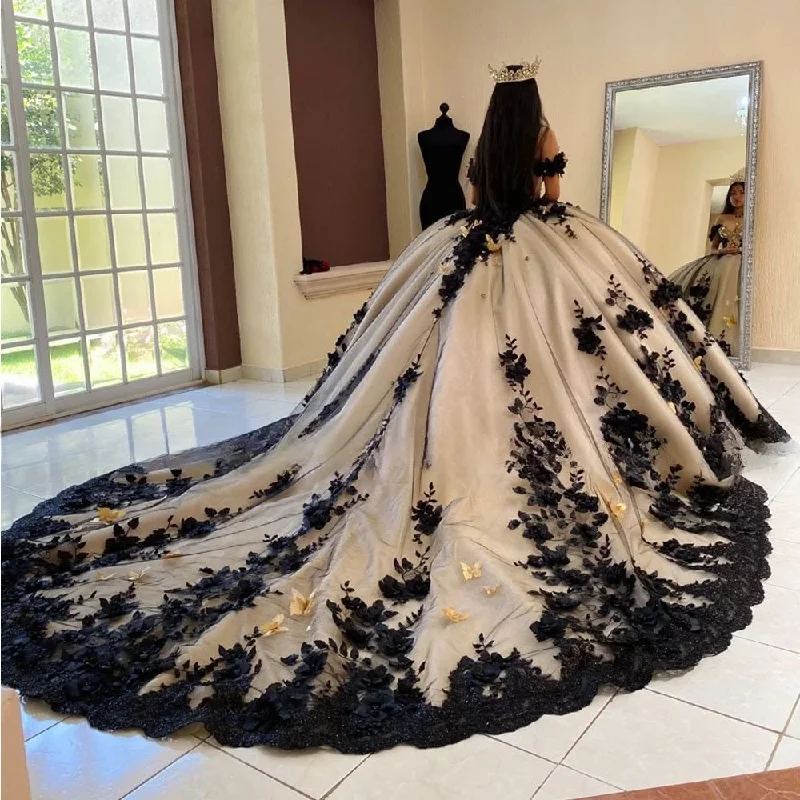 Women's Shift DressesLuxury Black Ball Gown Quinceanera Dress 2024 Off Shoulder Long Train Sweet 15 16 Year Birthday Party Real Vestidos De XV Años