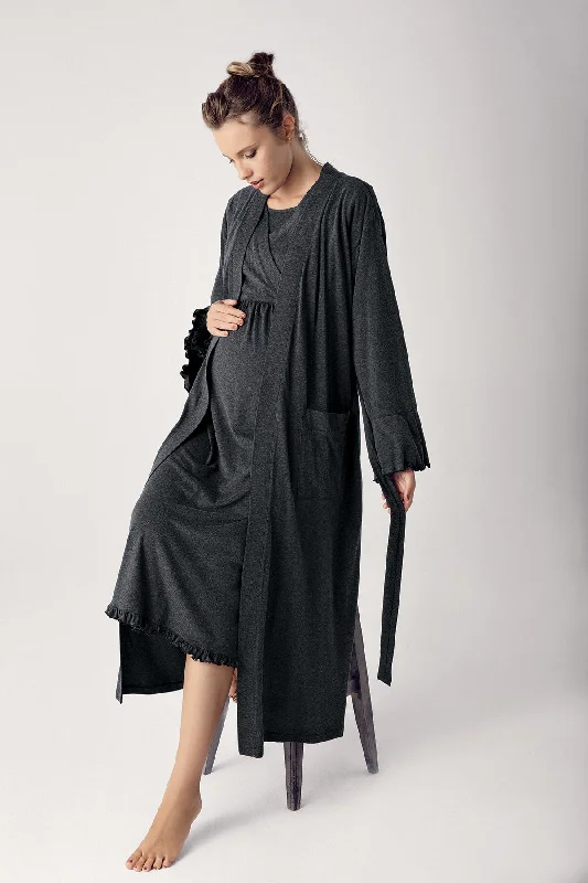 women's pajamas with breathable fabricShopymommy 13400 Double Breasted Maternity & Nursing Nightgown With Robe Anthracite