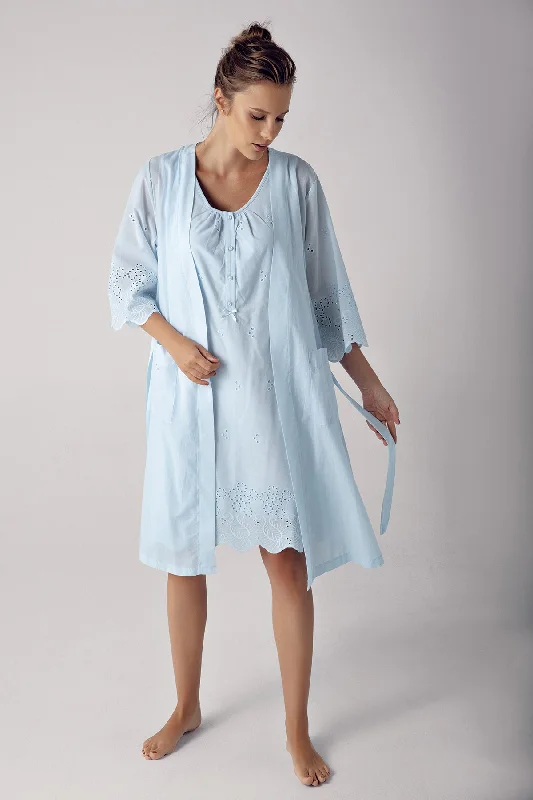 women's button-down pajama shirtsShopymommy 10402 Cotton Weaving Maternity & Nursing Nightgown With Robe Blue