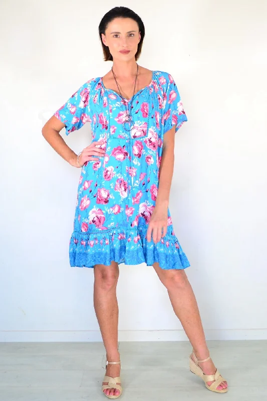 Women's Chic ShortsTurquoise Blue Floral Tunic Dress