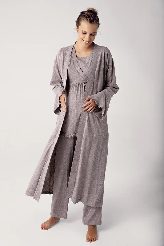 women's pajamas for hot summer nightsShopymommy 13300 Double Breasted 3-Pieces Maternity & Nursing Pajamas With Robe Coffee