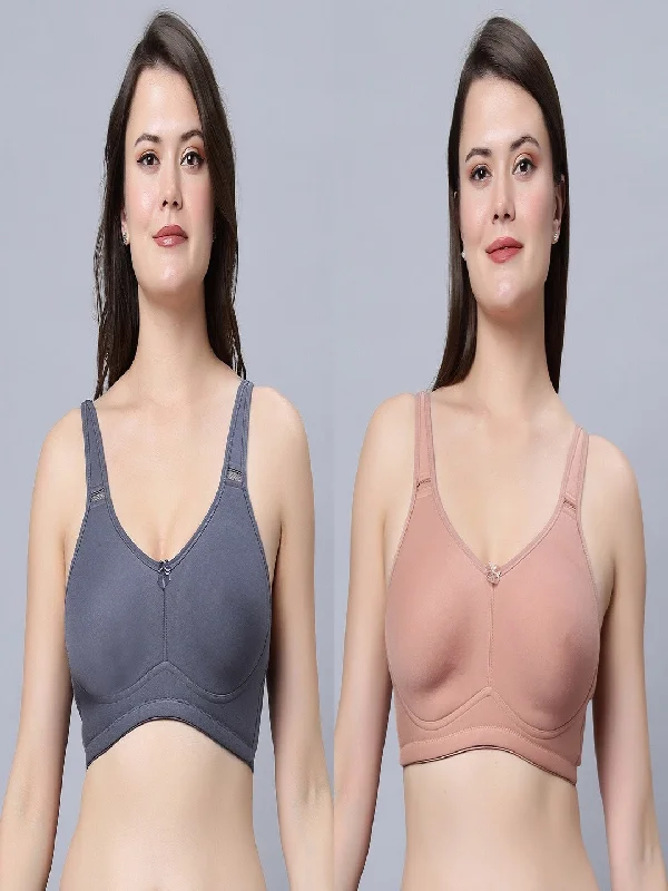 seamless sports bra for swimmingFull coverage non padded T-shirt  Skin and Grey Color Bra (Pack of 2)