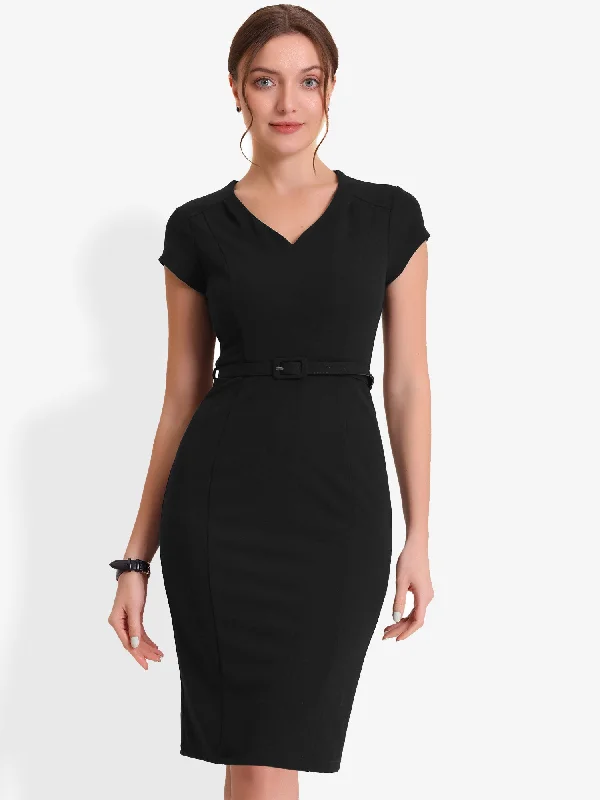 Women's Low Collar DressesPencil V Neck Cap Sleeve Work Business Bodycon Sheath Dress