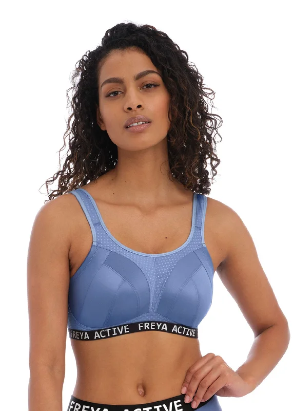 padded plunge sports braFreya Force Dynamic Denim Soft Cup Crop Top Sports Bra