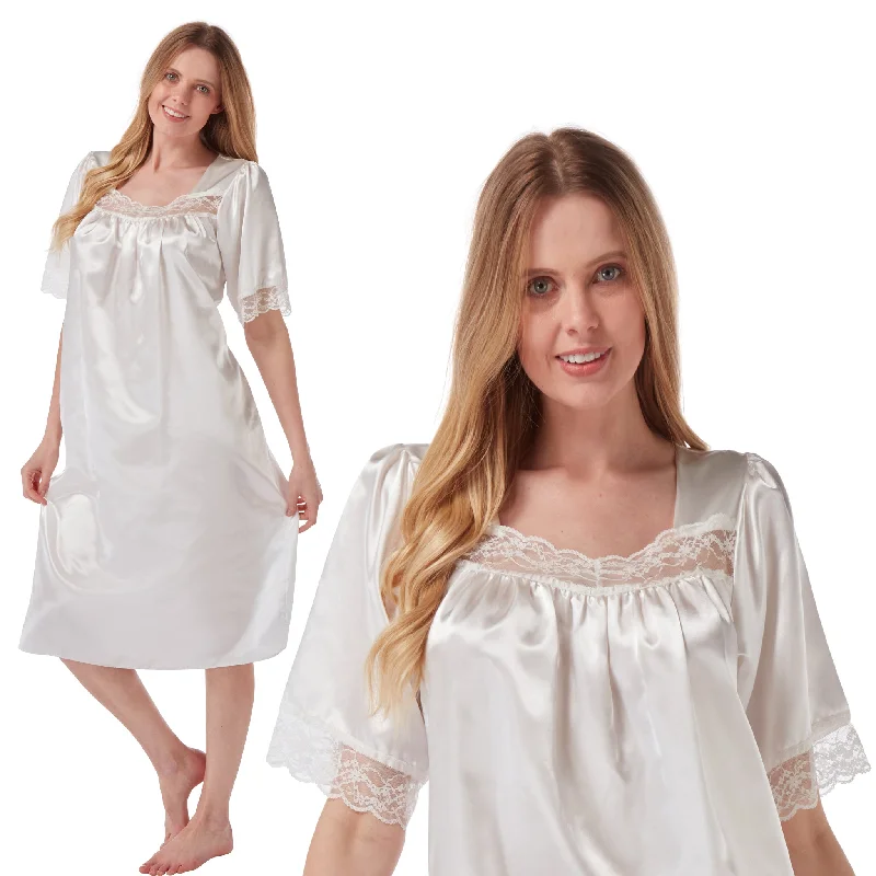 women's pajamas with moisture-wicking fabricIvory White Sexy Shiny Silky Satin Lace Short Sleeve Nightdress Nightie Negligee