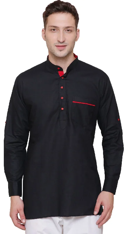 Women's Trendy ShortsShort Kurta Shirt Mens Fine Cotton Designer Indian Fashion Clothes (Black)