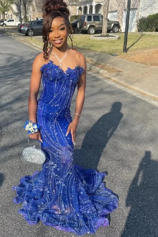 Women's Off-the-Shoulder DressesRoyal Blue Mermaid Prom Dresses 2024 BlackGirl Rhinestone Birthday Party Outfit Sweetheart Sequin Backless robes de soirée