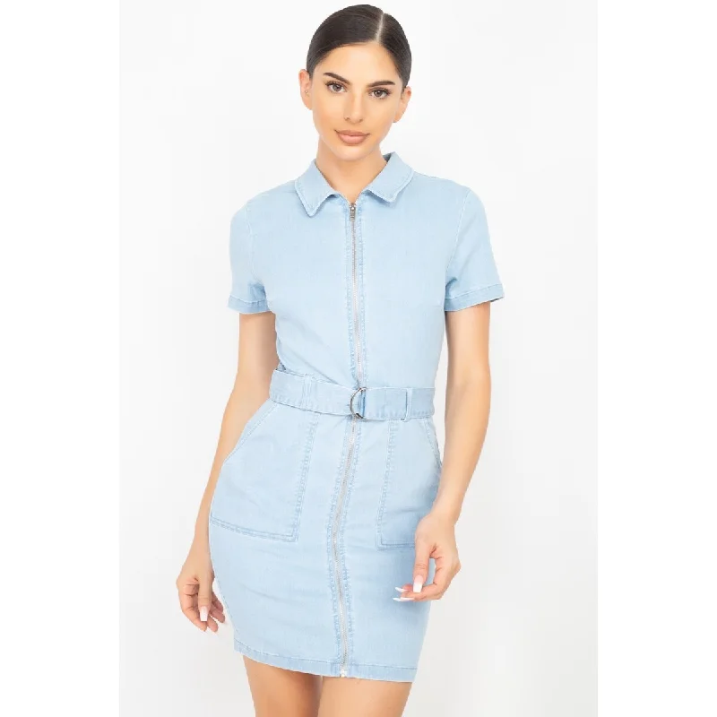 Women's Square Collar DressesLight-Denim Belted Bodycon Collared Dress