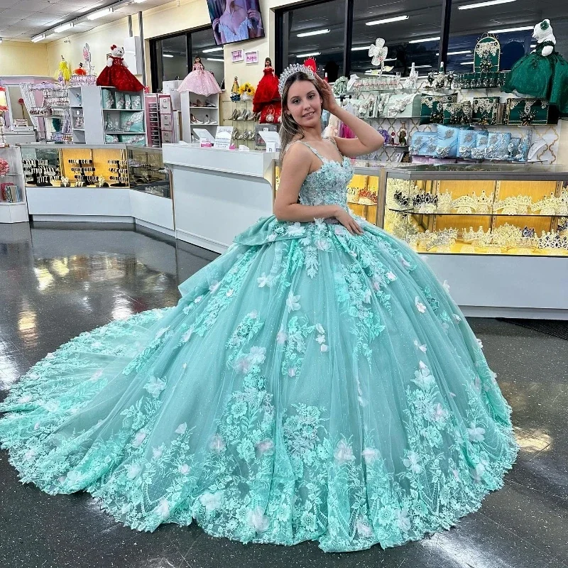 Women's Lapel Collar DressesLight Green Shiny Sweetheart Ball Gown Quinceanera Dresses For Girls Beaded Birthday Party Gowns Lace Up Back Graduation 3D Flow