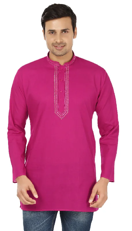 Women's Yoga ShortsEmbroidered Cotton Men's Short Kurta Shirt Indian Clothes (Magenta)