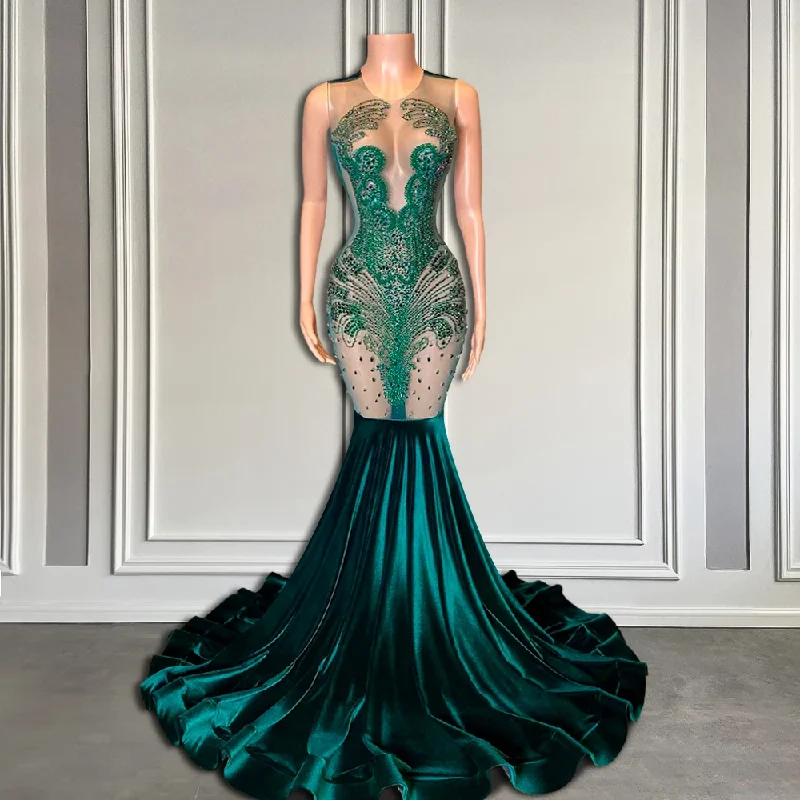 Women's Midi DressesLuxury Green Crystals See Through Long Prom Dresses Mermaid Style Sexy Prom Dress 2024 Black Girls for Graduation Party