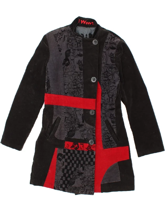 Women's Coats with Fur Trimmed ZipperDESIGUAL Womens Abstract Pattern Overcoat EU 38 Medium Black Colourblock