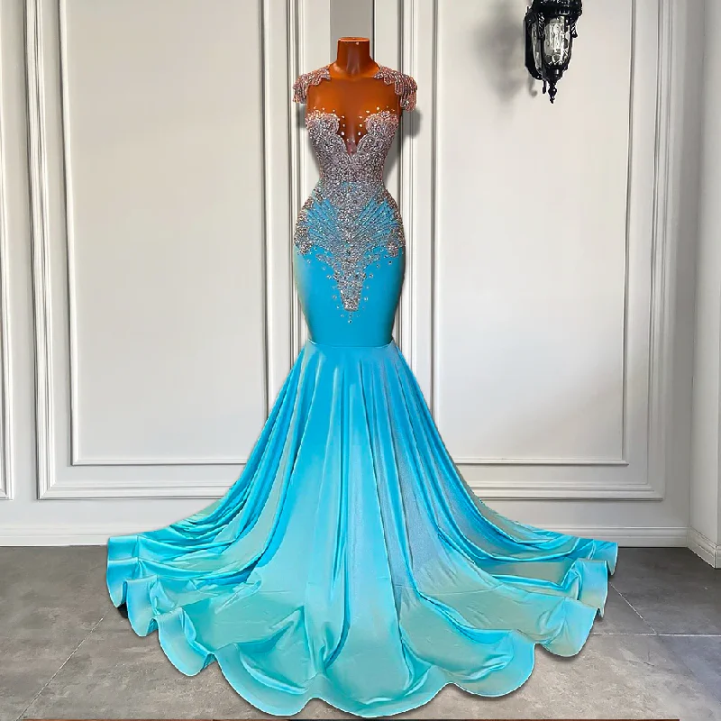 Women's Sleeveless DressesLong Sparkly Prom Dresses Sexy Sheer Top Luxury Diamond Light Blue Black Girls Mermaid Prom Gala Party Gowns