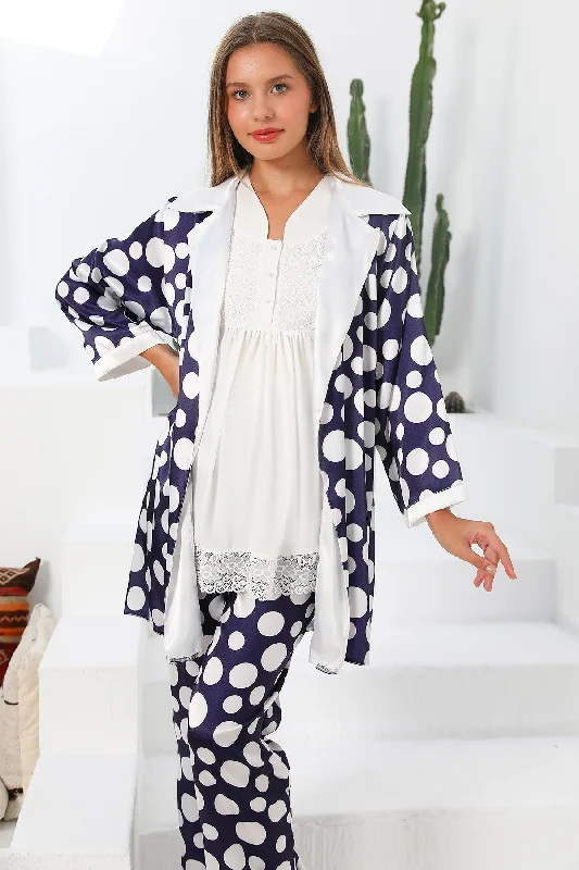 women's pajamas with a classic designShopymommy 55712 Moonlight Lace Edge 3-Pieces Maternity & Nursing Pajamas With Satin Robe Navy Blue