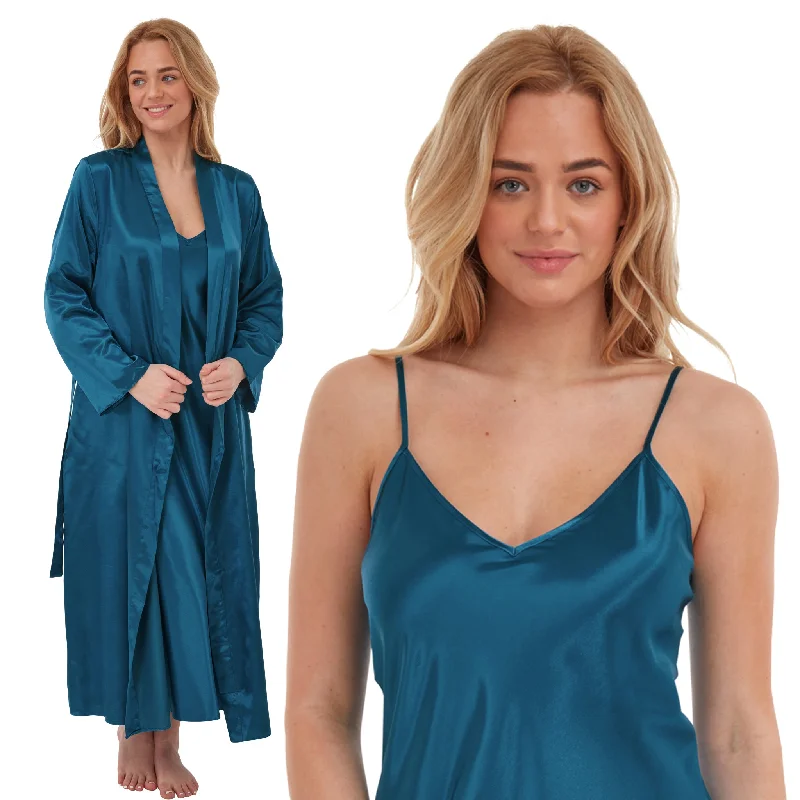 women's pajamas in a cozy, plush fabricMatching Long Teal Blue Sexy Satin Chemise Nightdress & Wrap Set Negligee Lingerie PLUS SIZE