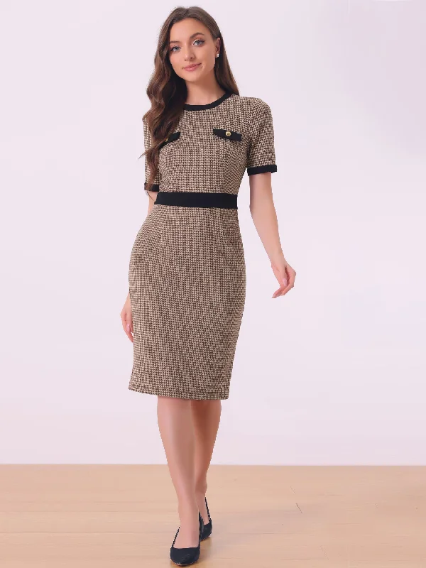 Women's Wide Collar DressesPlaid Houndstooth Short Sleeve Contrast Bodycon Dress