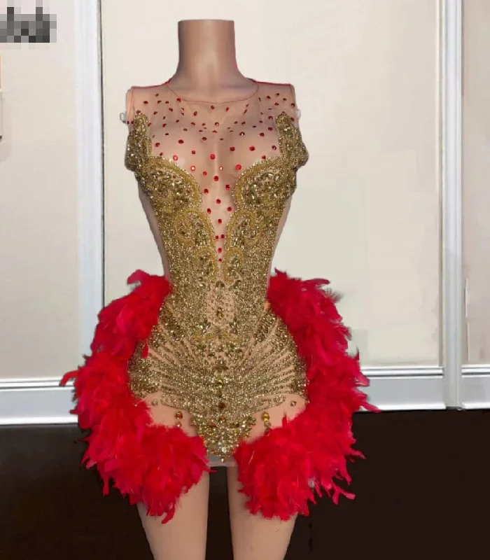 Women's Collarless DressesLuxury Gold Birthday Dresses With Red Feathers Diamond Short Prom Dress For Black Girls Party Gowns Vestidos De Gala