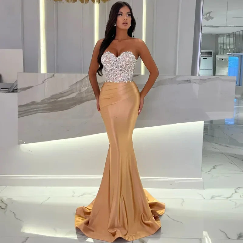 Women's Shirt Collar DressesLuxury Beading Gold Mermaid Evening Dresses For Women 2024 Party Gowns Sweetheart Draped Satin Prom فستان حفلات الزفاف