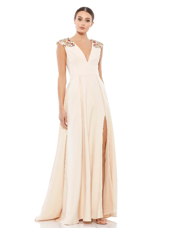 Women's Wide-Neck DressesBeaded Cap Sleeve V Neck A Line Gown