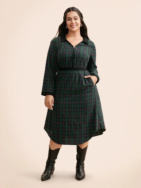 Women's Bell-Sleeve DressesContrast Plaid O Ring Zipper Dress