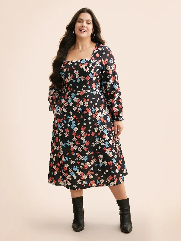 Women's Notched Collar DressesFloral Square Neck Lantern Sleeve Dress