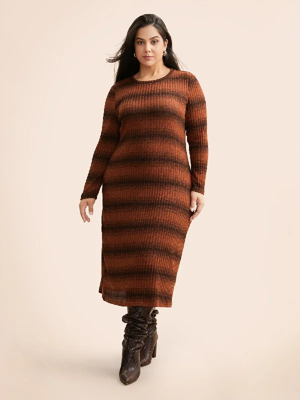 Women's Narrow Collar DressesOmbre Striped Rib Knit Slim Fit Dress