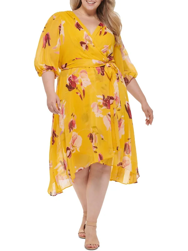 Women's Boat-Neck DressesPlus Womens Chiffon Floral Wrap Dress