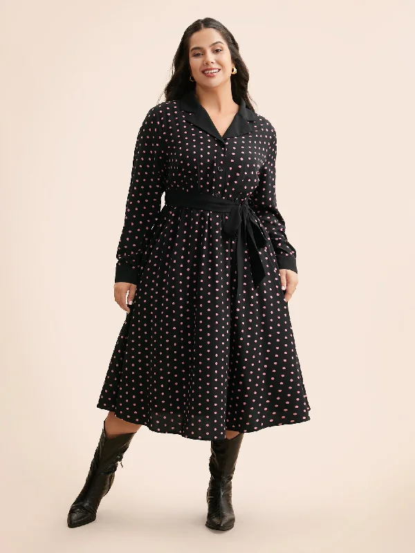 Women's U-Back DressesPolka Dot Suit Collar Belted Dress