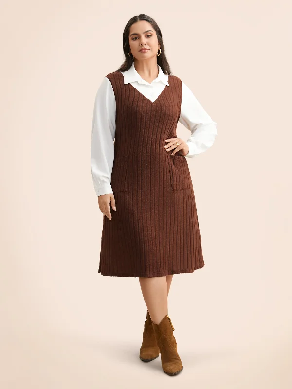 Women's Mandarin Collar DressesShirt Collar Rib Knit Patchwork Dress