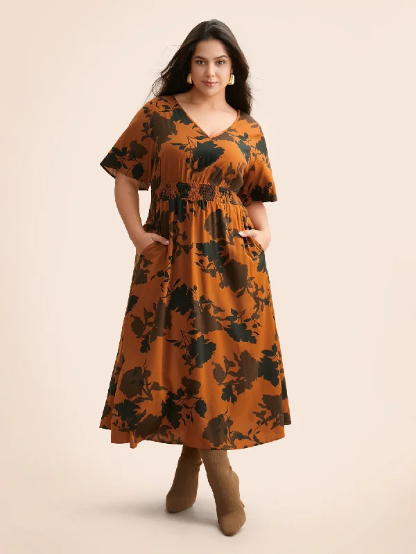 Women's Keyhole Collar DressesSilhouette Floral Print Ruffle Sleeve Dress