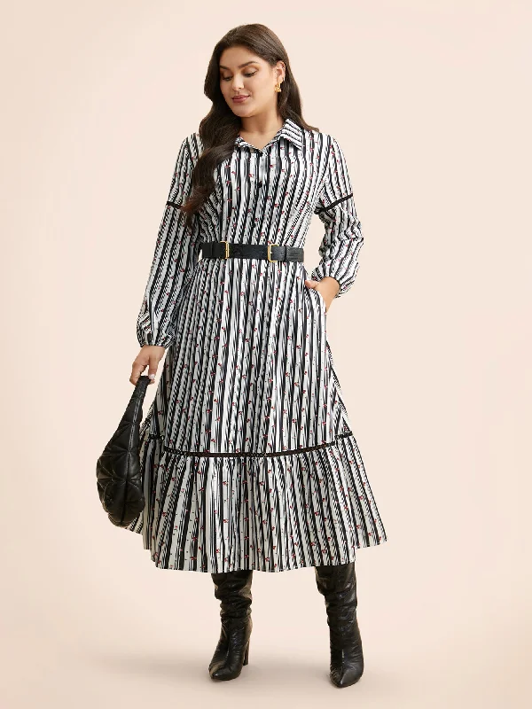 Women's Rounded-Neck DressesStriped Ditsy Floral Woven Ribbon Dress