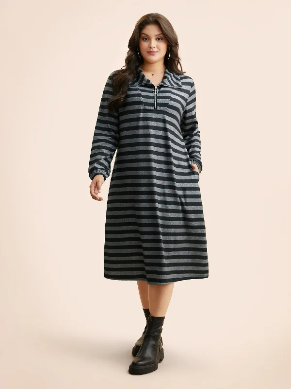 Women's Round-Neck DressesStriped Half Zip Pocket Dress