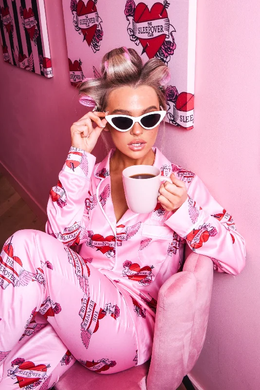 women's pajamas with a charming floral patternLovestruck Pink Luxury Satin Pants Set