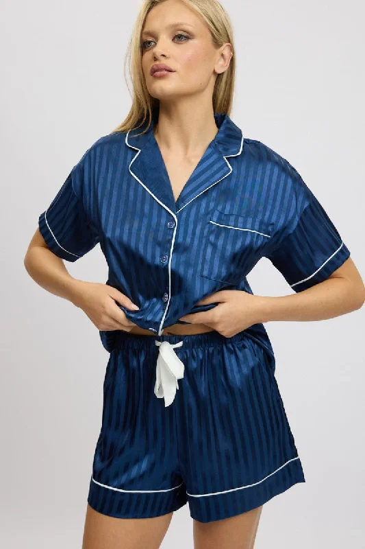 women's pajamas with an adjustable necklineBlue Stripe Satin Pyjamas Set Short Sleeve