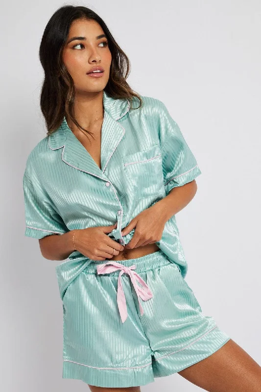 women's pajamas for those who seek cozy, all-night comfortGreen Stripe Satin Pj Jacquard Stripe Piping Pyjama Set