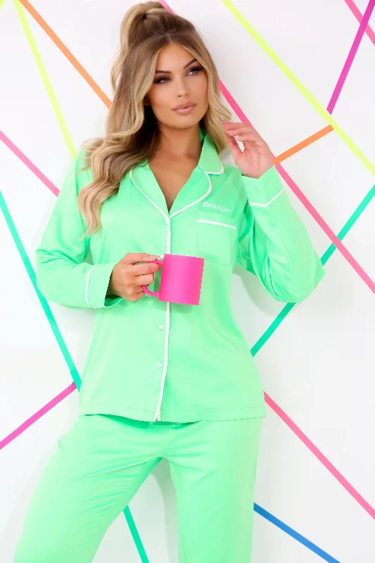 women's pajamas with an elasticized cuffsPersonalised Neon Luxury Satin Trouser Set - Island Green