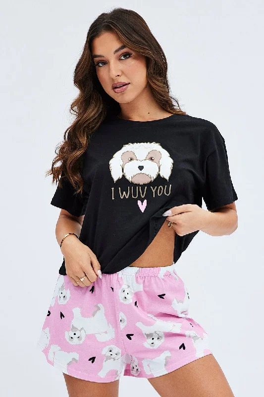 women's pajamas with a relaxed, casual vibePink Print Graphic Pj Dog and Hearts Pyjama Set