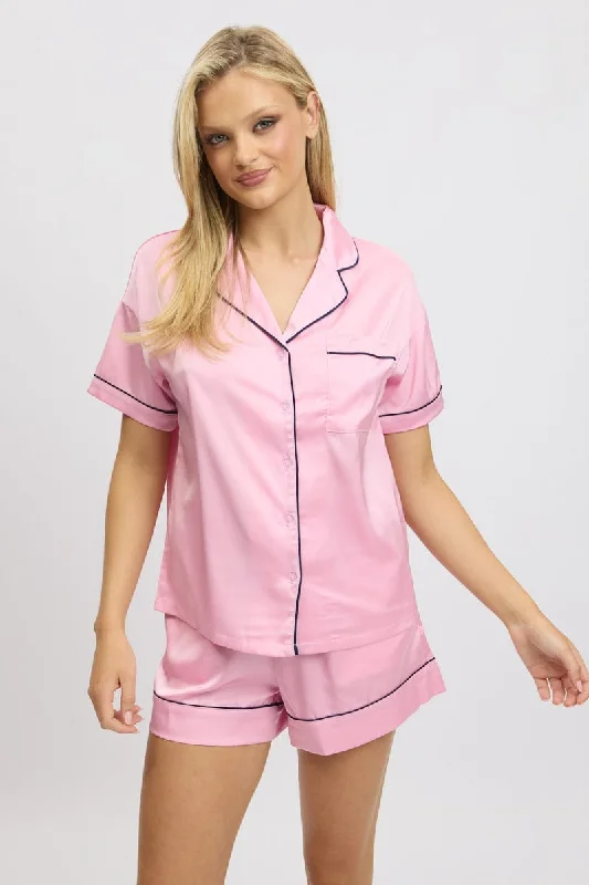 women's pajamas for cozy bedtime routinesPink Satin Pyjamas Set Short Sleeve