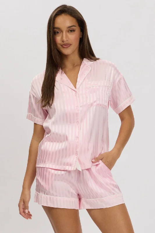 women's pajamas with elastic waistbandsPink Stripe Satin Pyjamas Set Short Sleeve