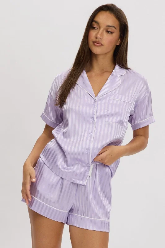 women's pajamas with an elasticized cuffsPurple Stripe Satin Pyjamas Set Short Sleeve